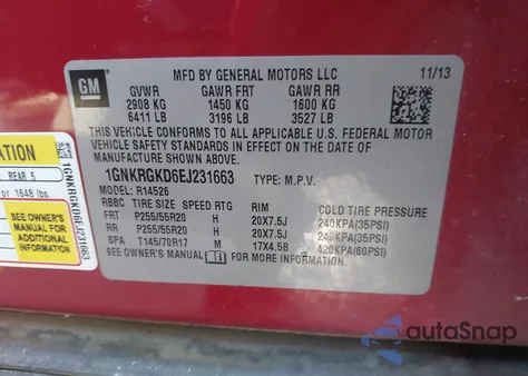 2014 Chevrolet Traverse 1Lt from USA, damaged, VIN 1GNKRGKD6EJ231663